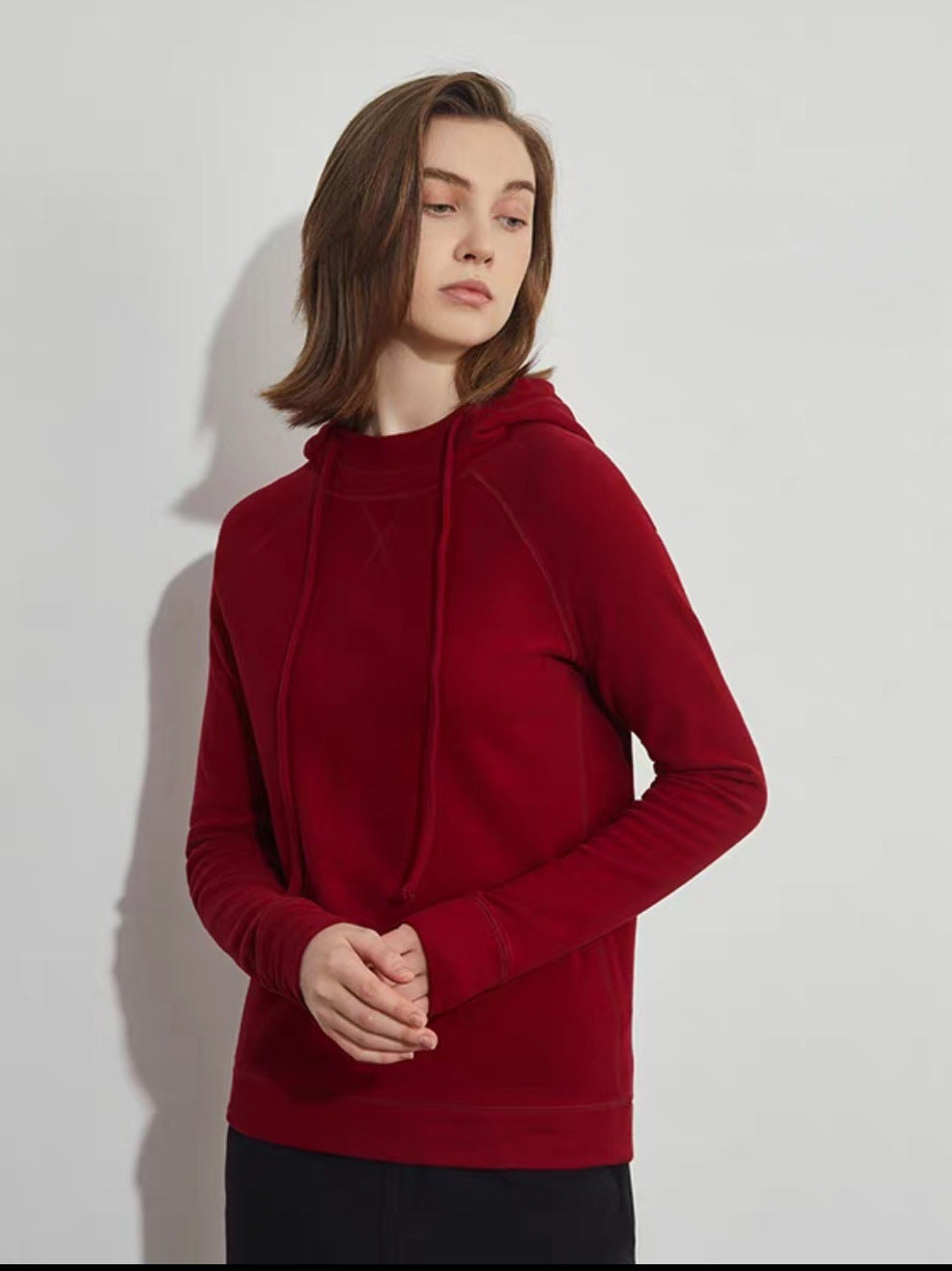 Wine red velvet hoodie for women with drawstring hood and long sleeves