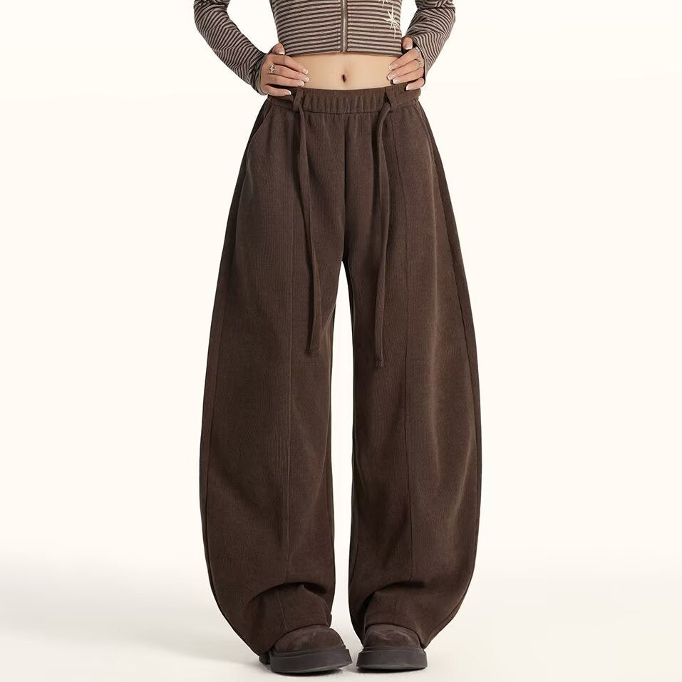 Corduroy Wide Leg Pants for Women — High Waist Drawstring Barrel Leg Fit