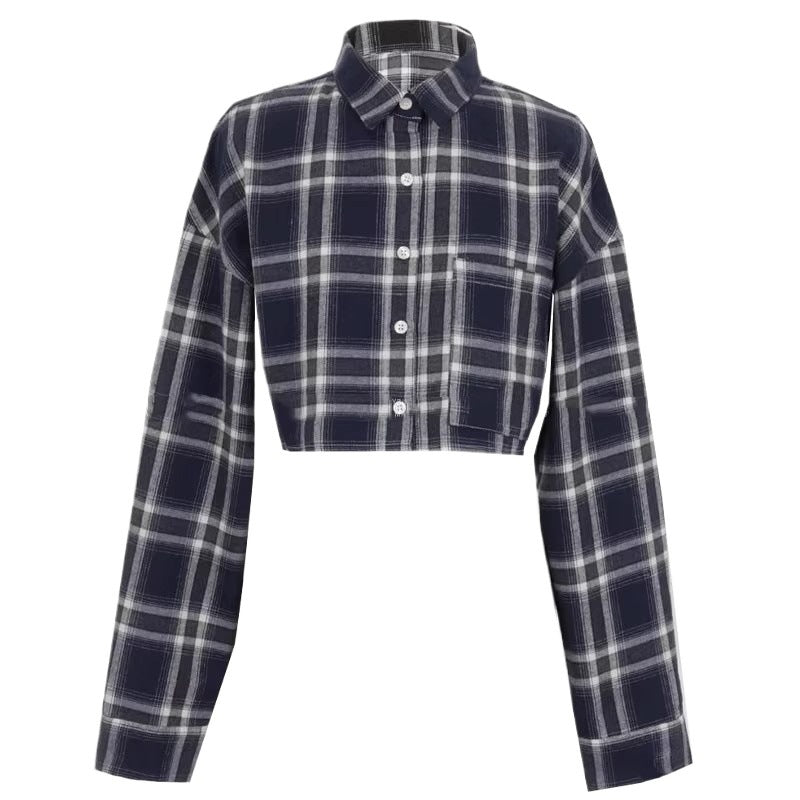 Cropped Plaid Shirt for Women — Button Front Drop Shoulder Layering Top in Cotton