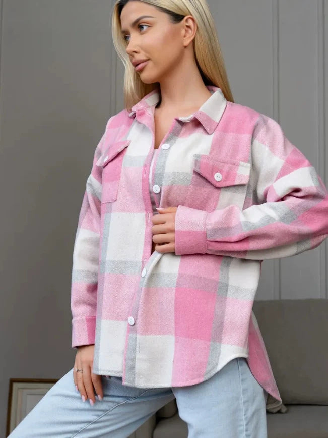 Pink and white plaid shacket with button front, chest pocket and collar