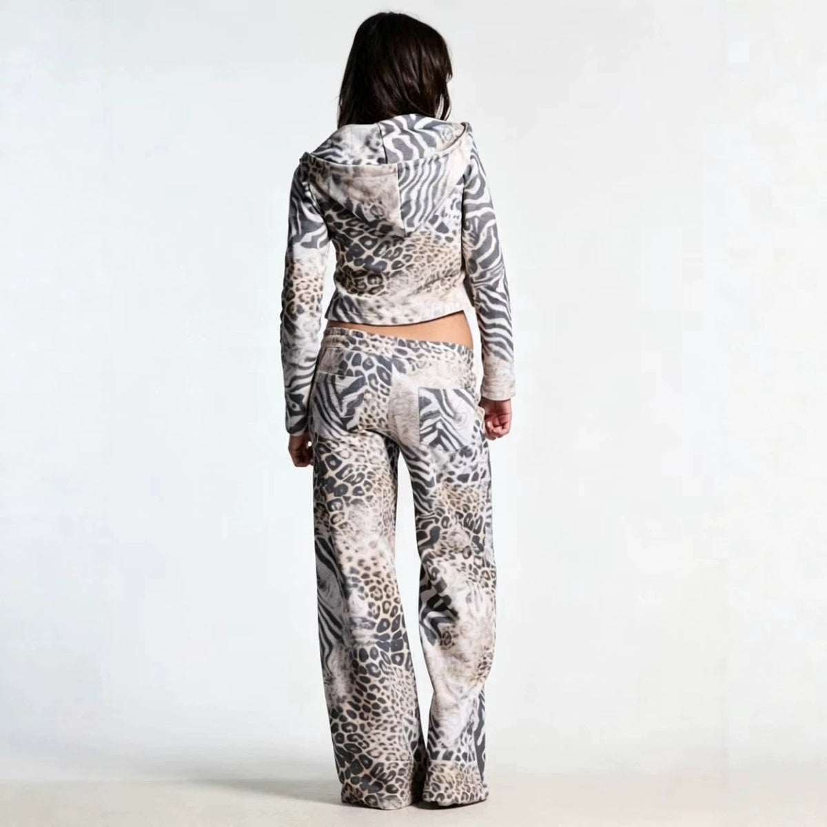 Women’s animal-print sweatshirt set: cropped zip hoodie and wide-leg pants, back view
