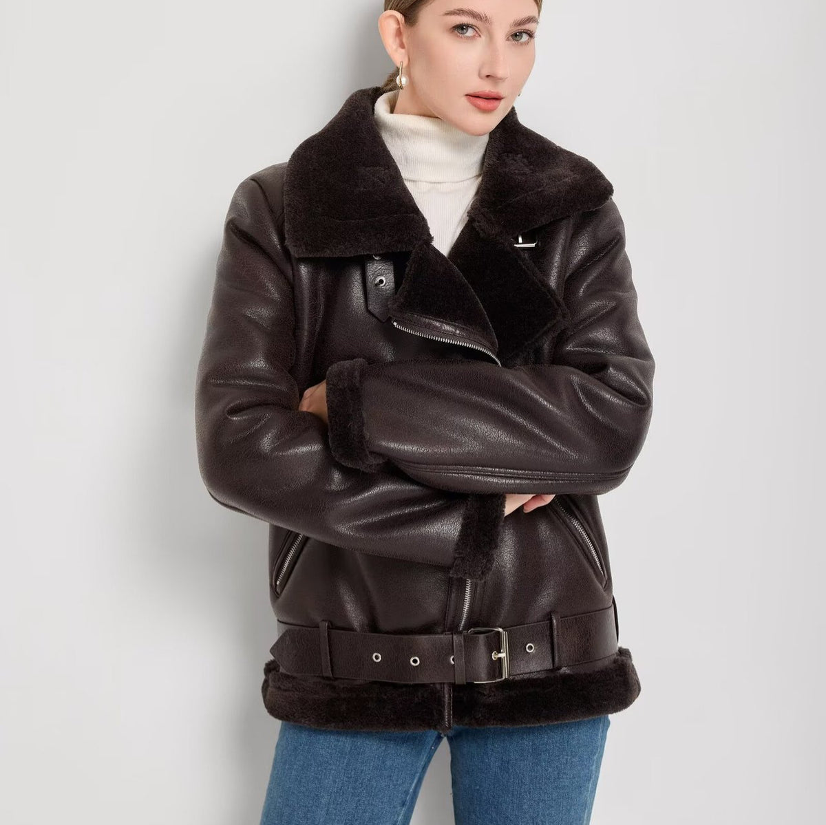 Women’s dark brown leather-look jacket coat with faux-fur trim, belt and front zipper