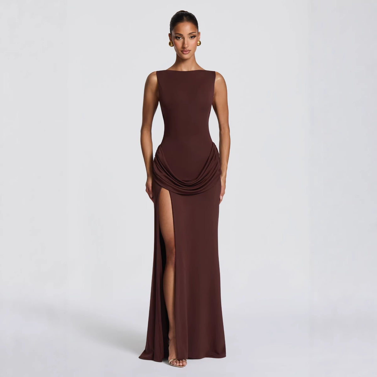 Brown draped sleeveless maxi dress with cowl neckline and side slit