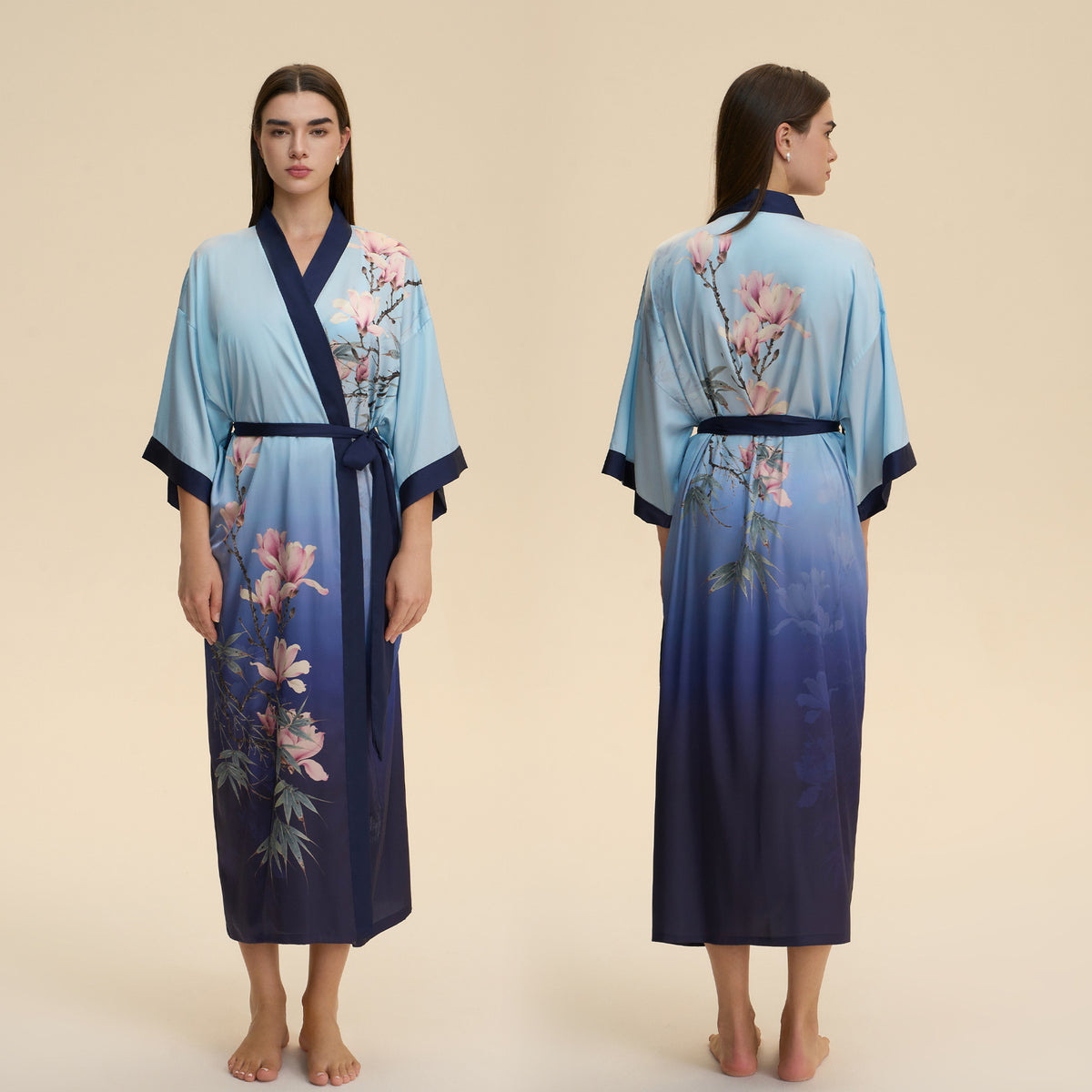 Blue floral satin V-neck robe nightgown with tie belt, darker hem accents, mid-calf
