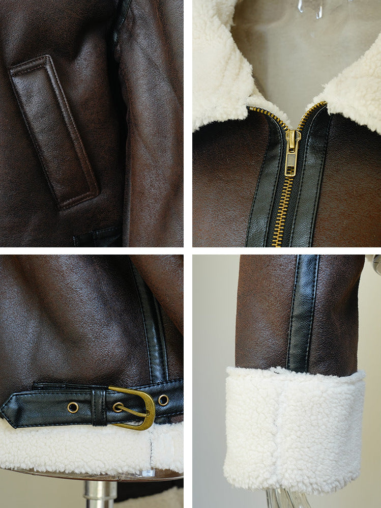 Women's suede-fur coat details: gold zipper, cream cuffs, stitched panels, belt strap