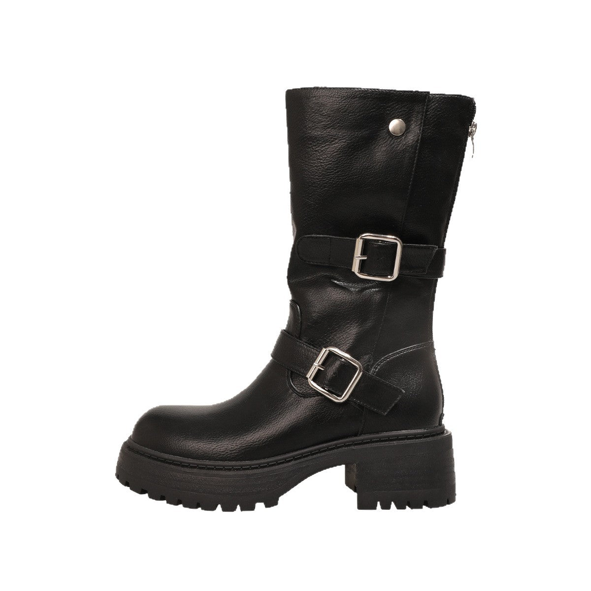 Black mid-calf pull-on boots with silver buckle detail and chunky lug sole.