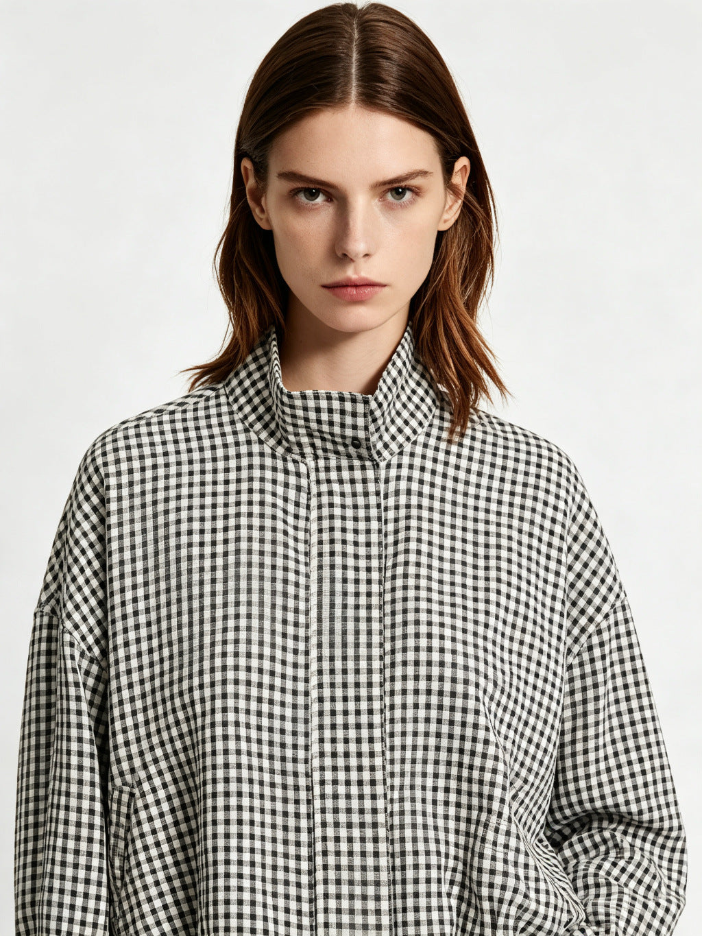 Cropped Jacket for Women — Gingham Stand Collar Bomber with Blouson Hem in Cotton