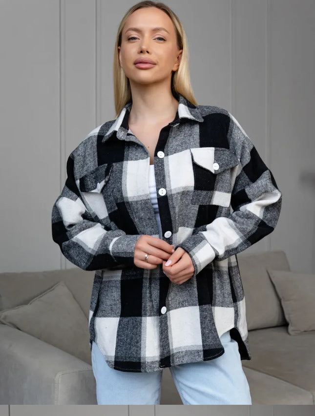 Black and white plaid shacket with button front and patch pockets, front view