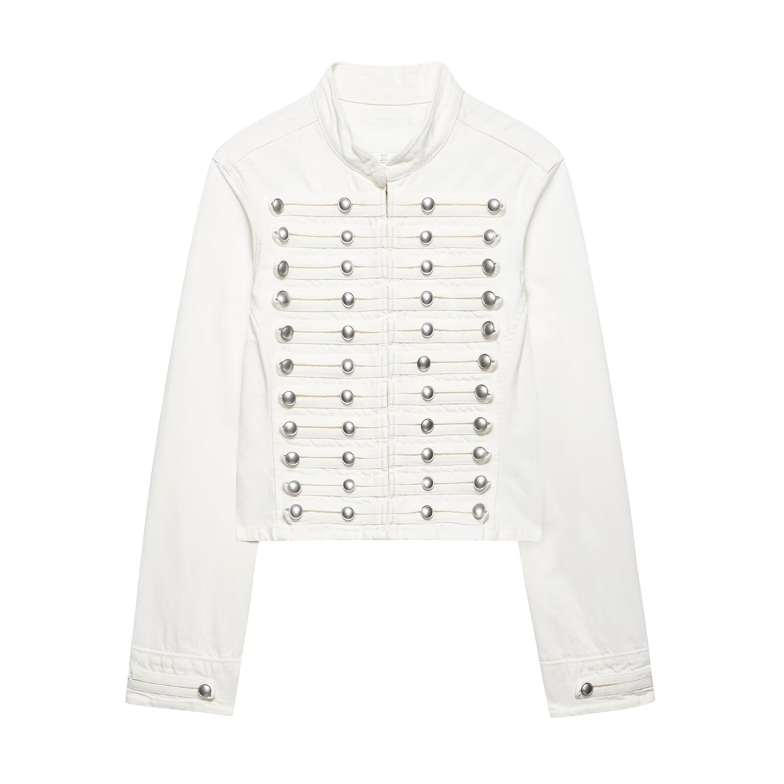 Women’s short white denim jacket, stand collar, double-breasted with silver snap-stud detail
