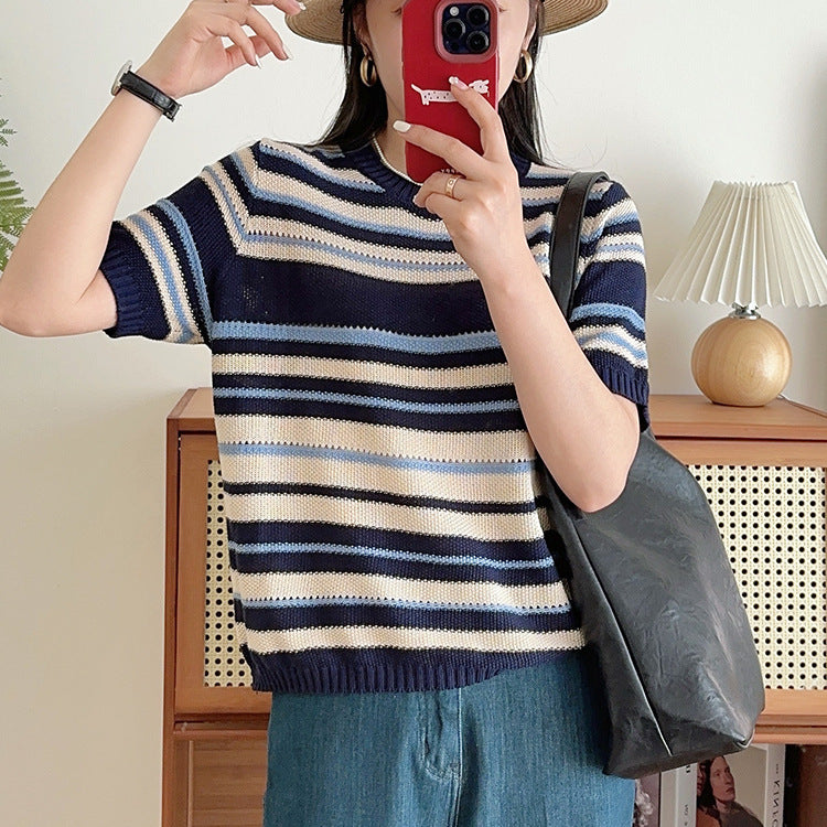 Striped Short Sleeve Sweater for Women — Lightweight Open Knit Summer Top in Cotton