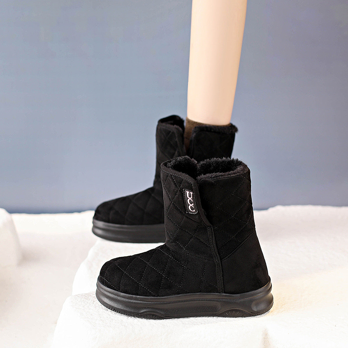 Women’s snow boots, black suede ankle boot with fleece collar and lace-up front