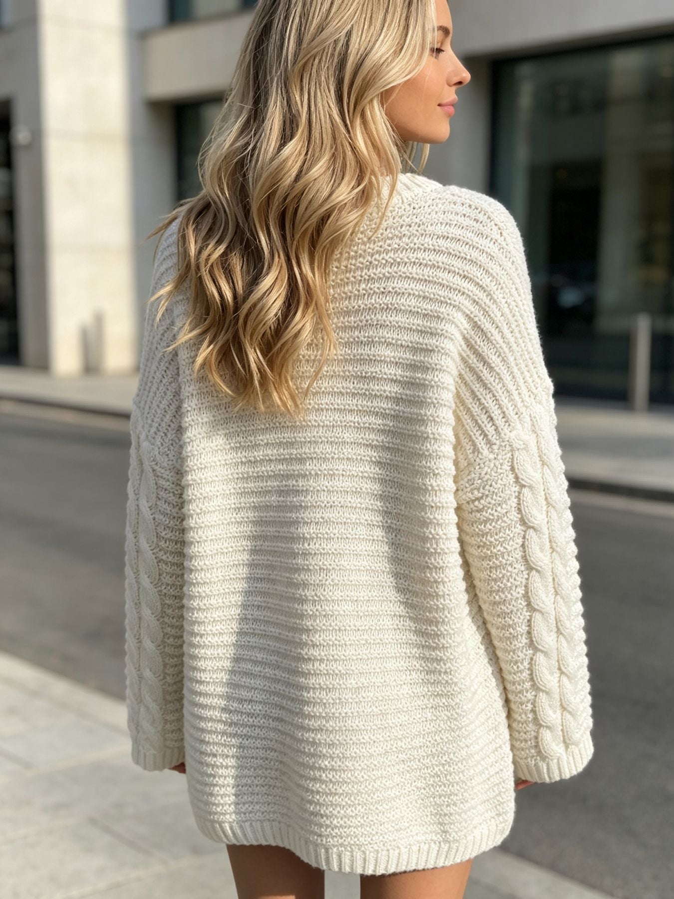 Cable Knit Sweater Dress — Oversized Mini with Drop Shoulders in Chunky Wool