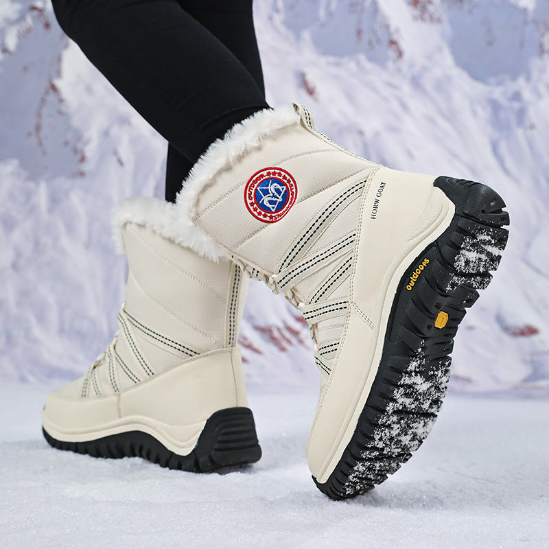 Women’s snow boots, white high-top with faux-fur trim, lace-up, grippy rubber sole