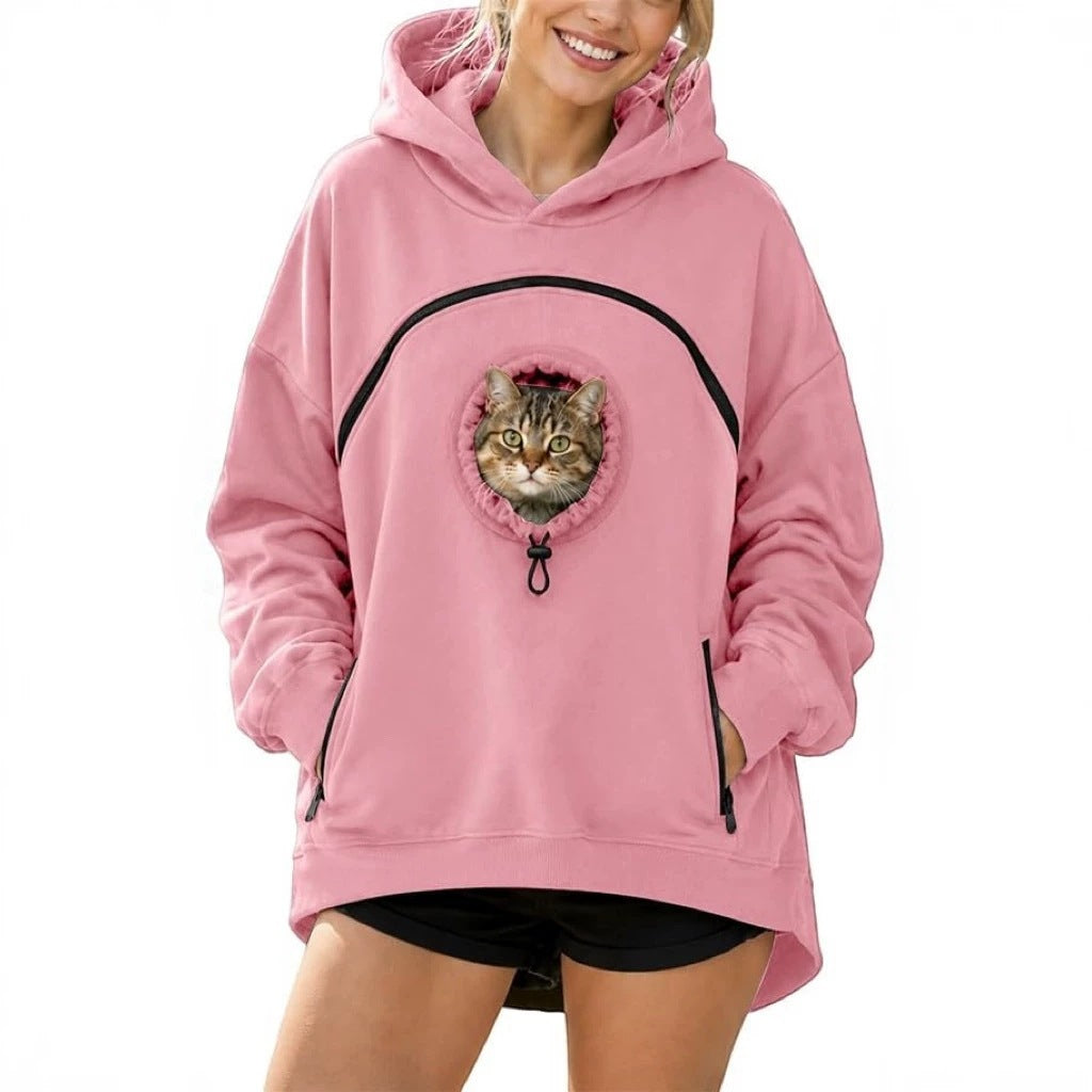 Pink hooded sweatshirt with cat graphic, kangaroo pocket, and drawstring hood