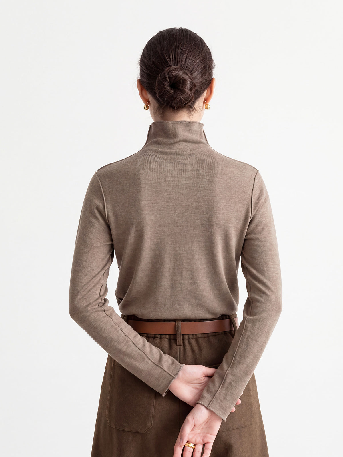 Women’s mock-neck long-sleeve top, warm taupe, back view