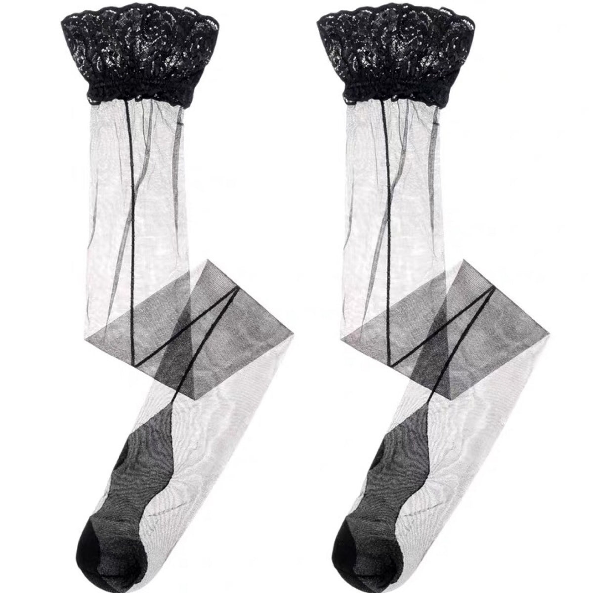 Black lace-top thigh-high stockings, sheer legs with reinforced toe