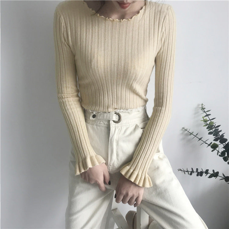 Ribbed Knit Sweater with Flare Sleeves for Women — Fitted Ruffle-Trim Style in Viscose