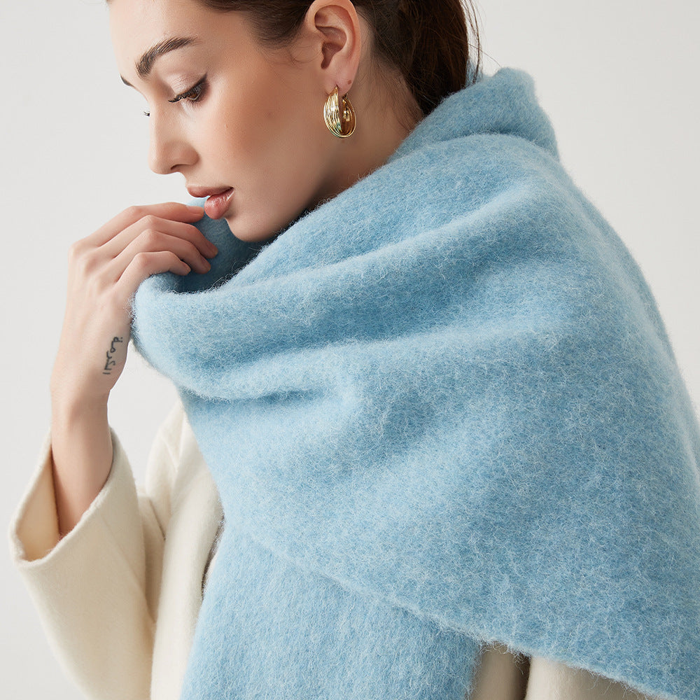 Women’s wool hair scarf, light blue solid wrap with soft fluffy texture