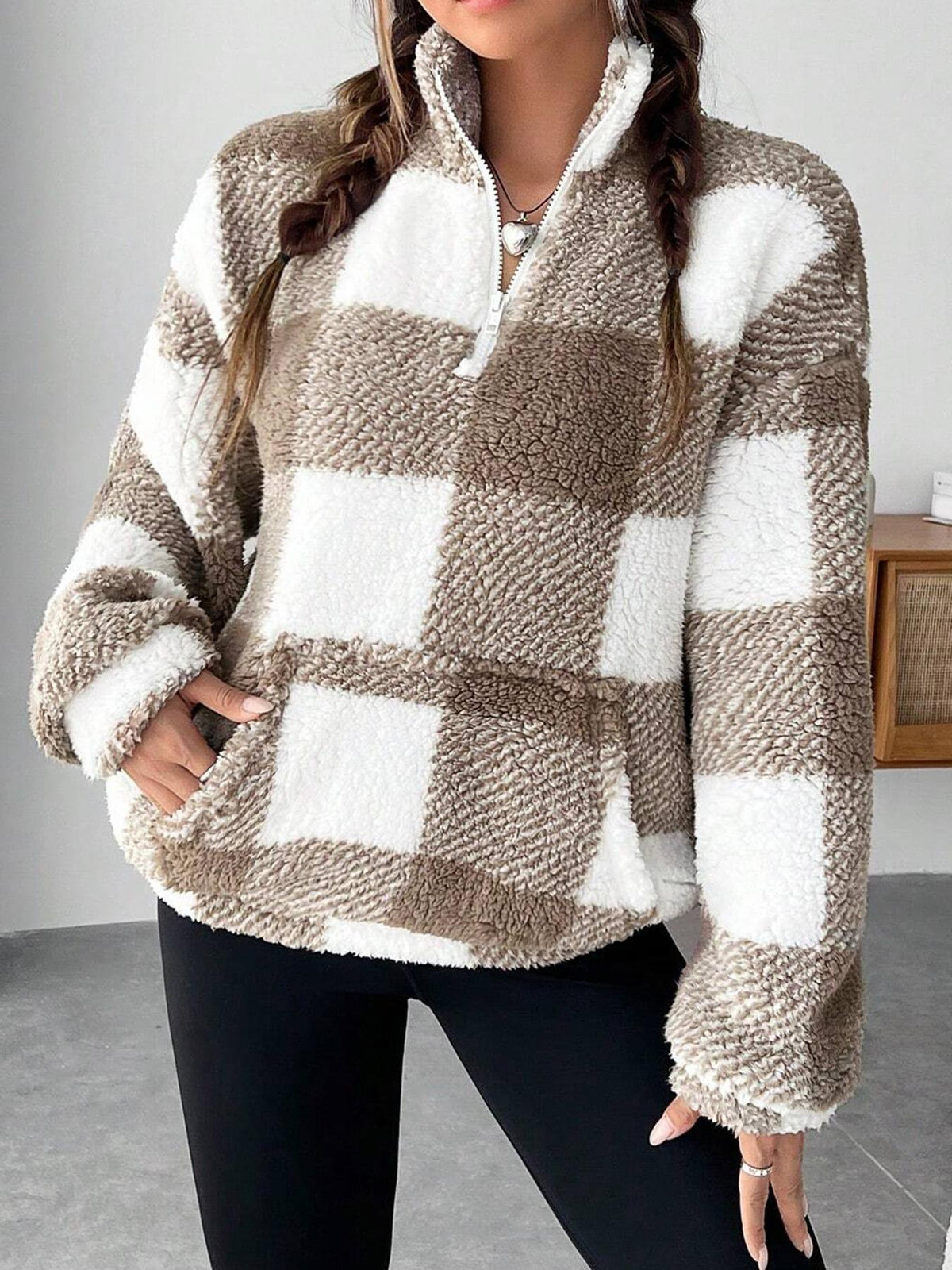 Brown and white plaid fuzzy quarter-zip sweatshirt with half-open collar for women