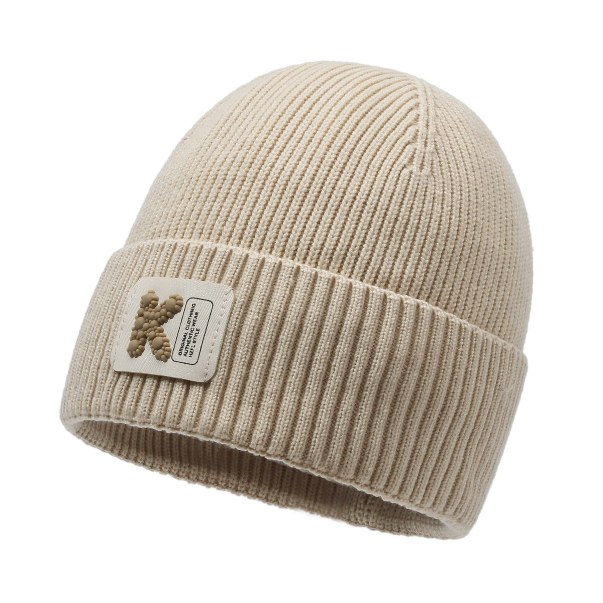 Khaki rib-knit beanie with front patch detail on ribbed band
