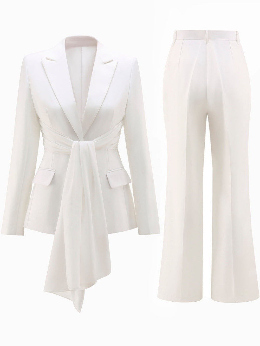 Pant Suit Set for Women — Tie Waist Blazer with Wide Leg Trousers in Crepe