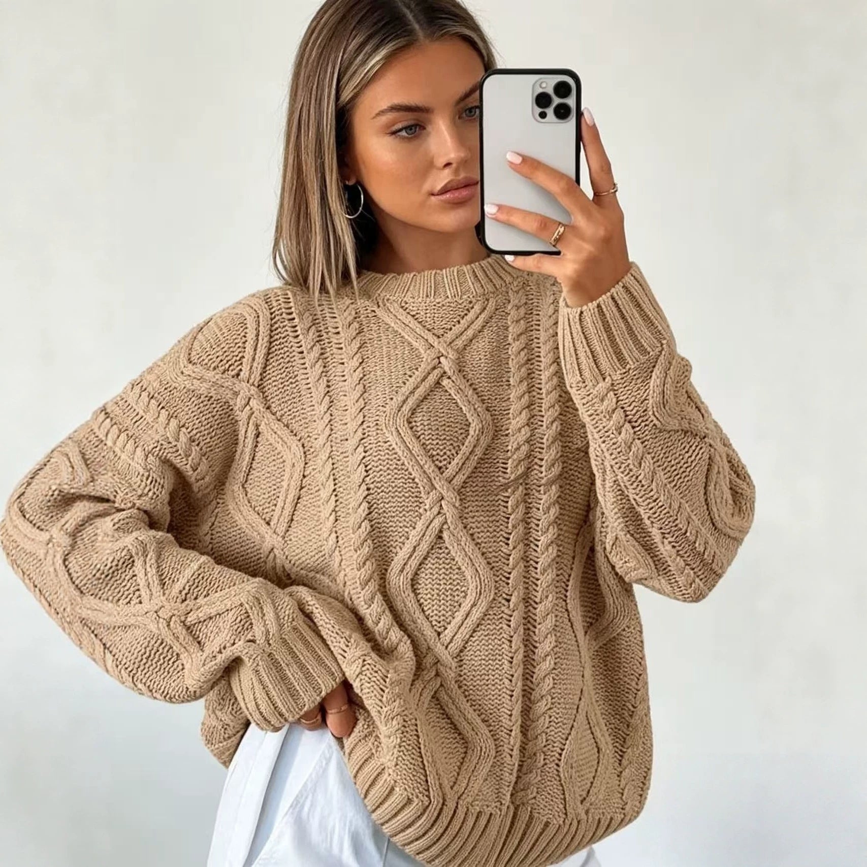 Oversized Cable Knit Sweater for Women — Chunky Aran Crew Neck in Wool Blend