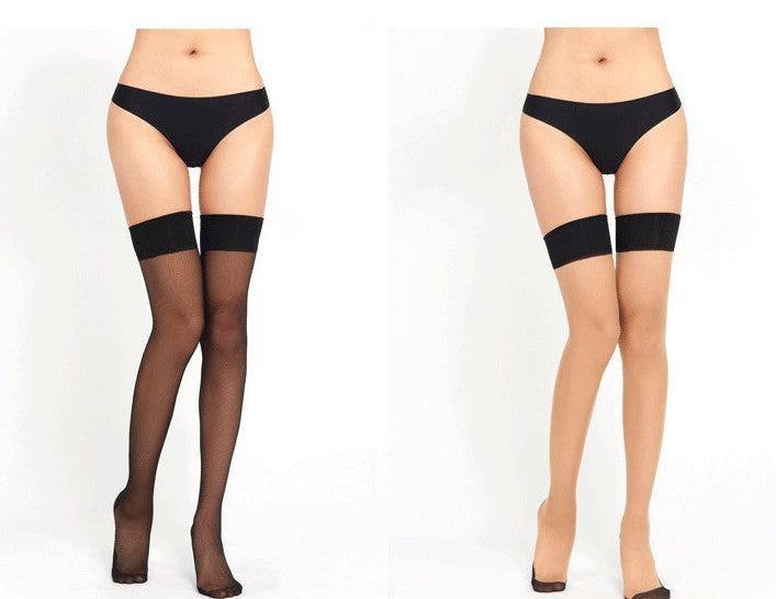Pair of black sheer over-the-knee stockings with wide bands and back vertical seam