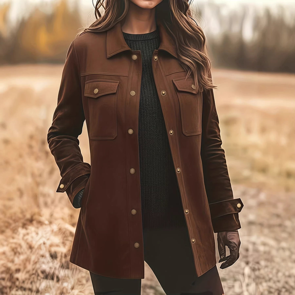 Dark brown retro jacket with lapel, button front, and two chest pockets