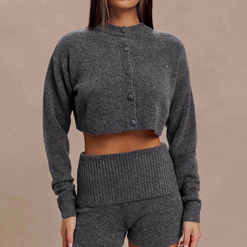 Gray wool knit cropped long-sleeve top with button front and stand collar
