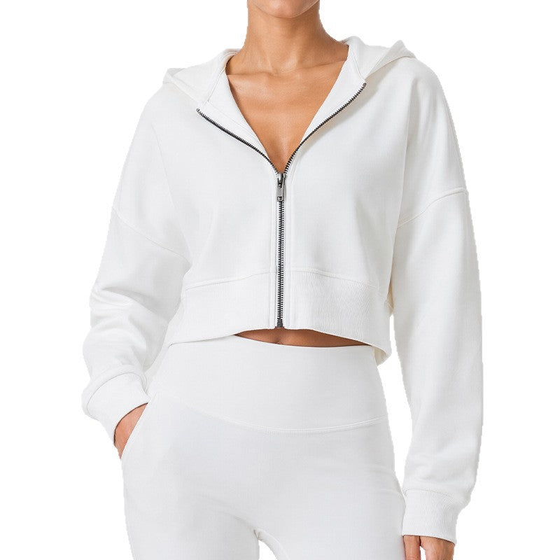 White zip-up hooded cropped sports jacket with long sleeves and front pockets