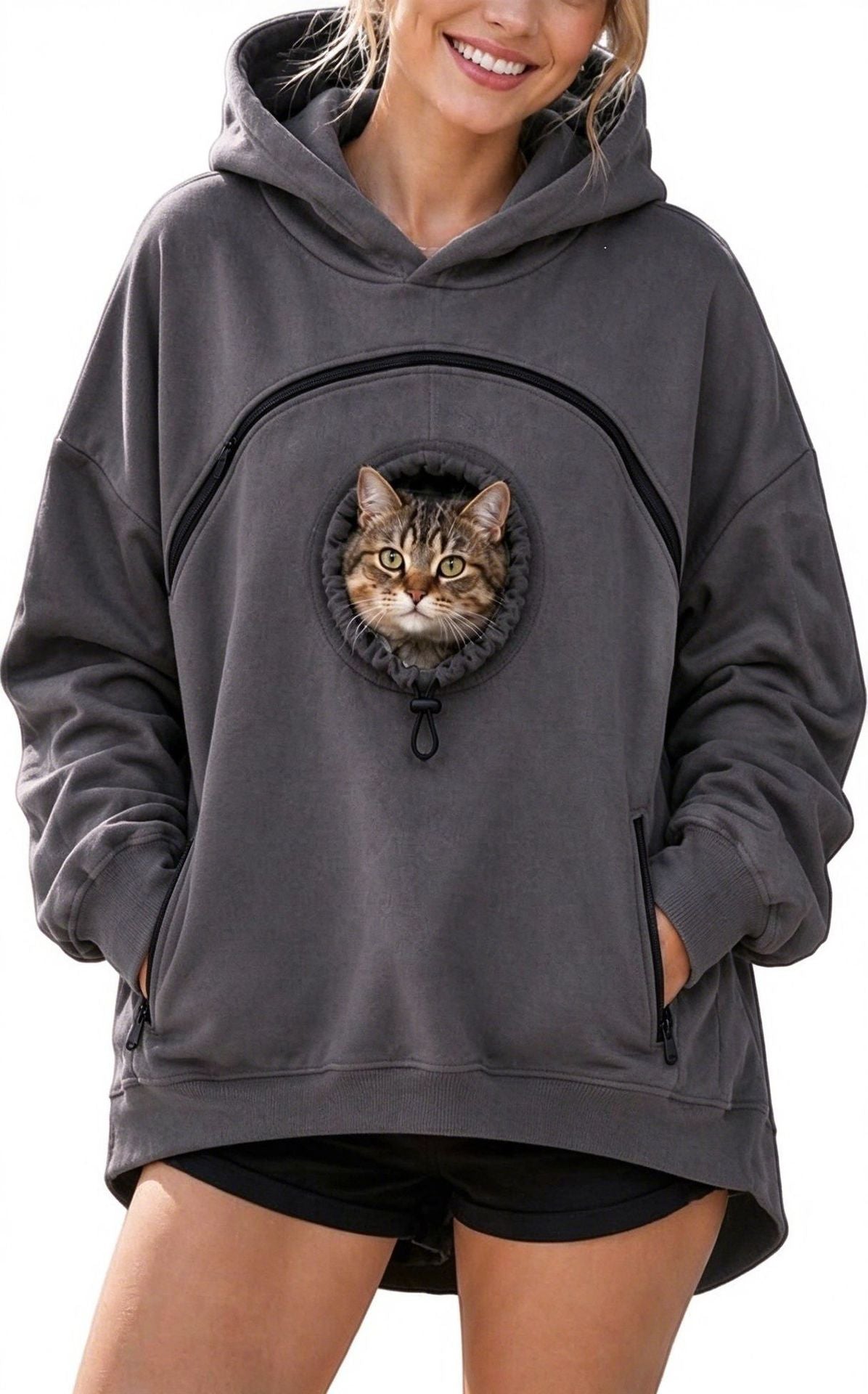Dark gray hooded sweatshirt with cat graphic, kangaroo pocket, and drawstring hood