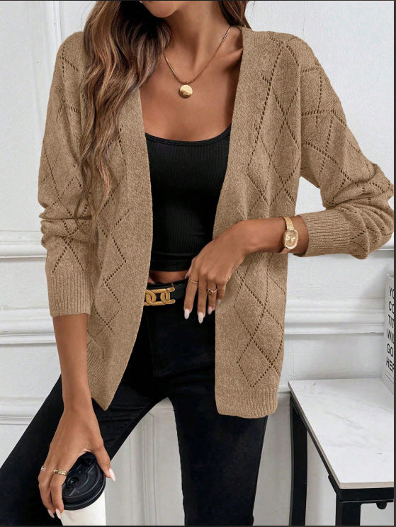 Open Front Cardigan for Women — Oversized Pointelle Knit Style in Wool Blend