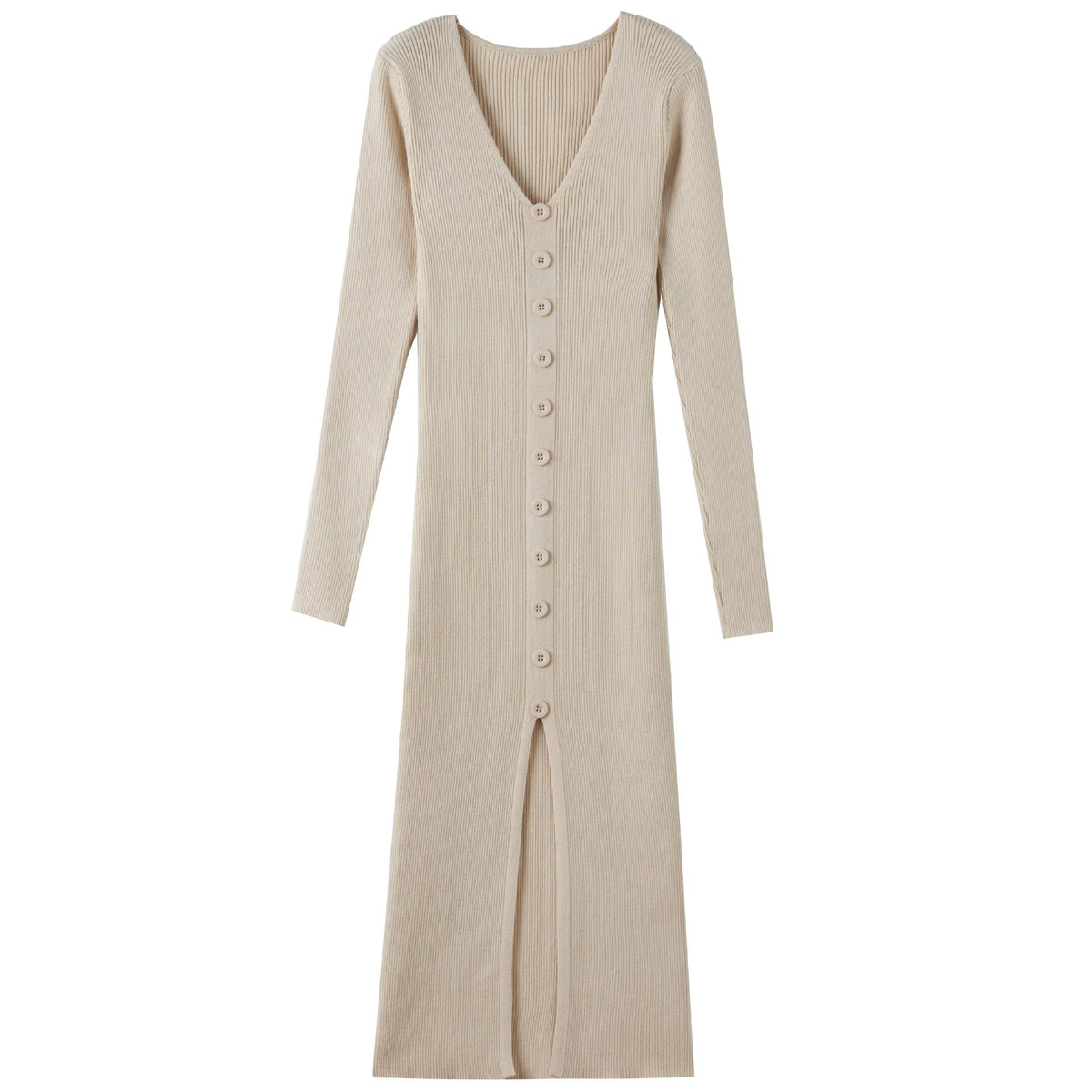 Off-white ribbed knit V-neck button-front midi dress with long sleeves.