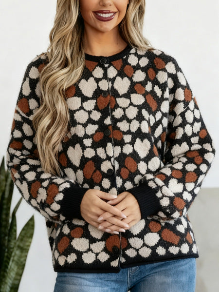 Heart Print Cardigan for Women — Button Front Knit with Balloon Sleeves in Brushed Wool