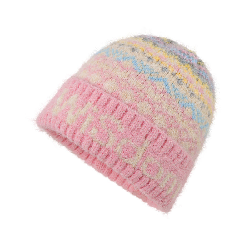 Pink knit beanie with pastel multicolor Fair Isle top and ribbed hem