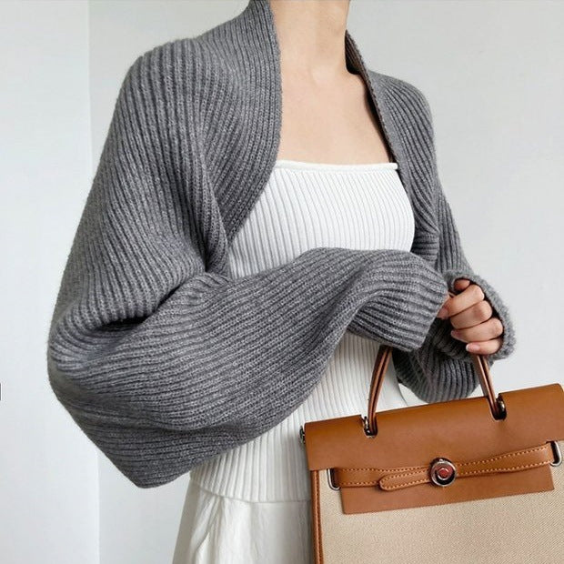 Cropped wool cardigan, gray open-front bolero with batwing sleeves, ribbed knit texture