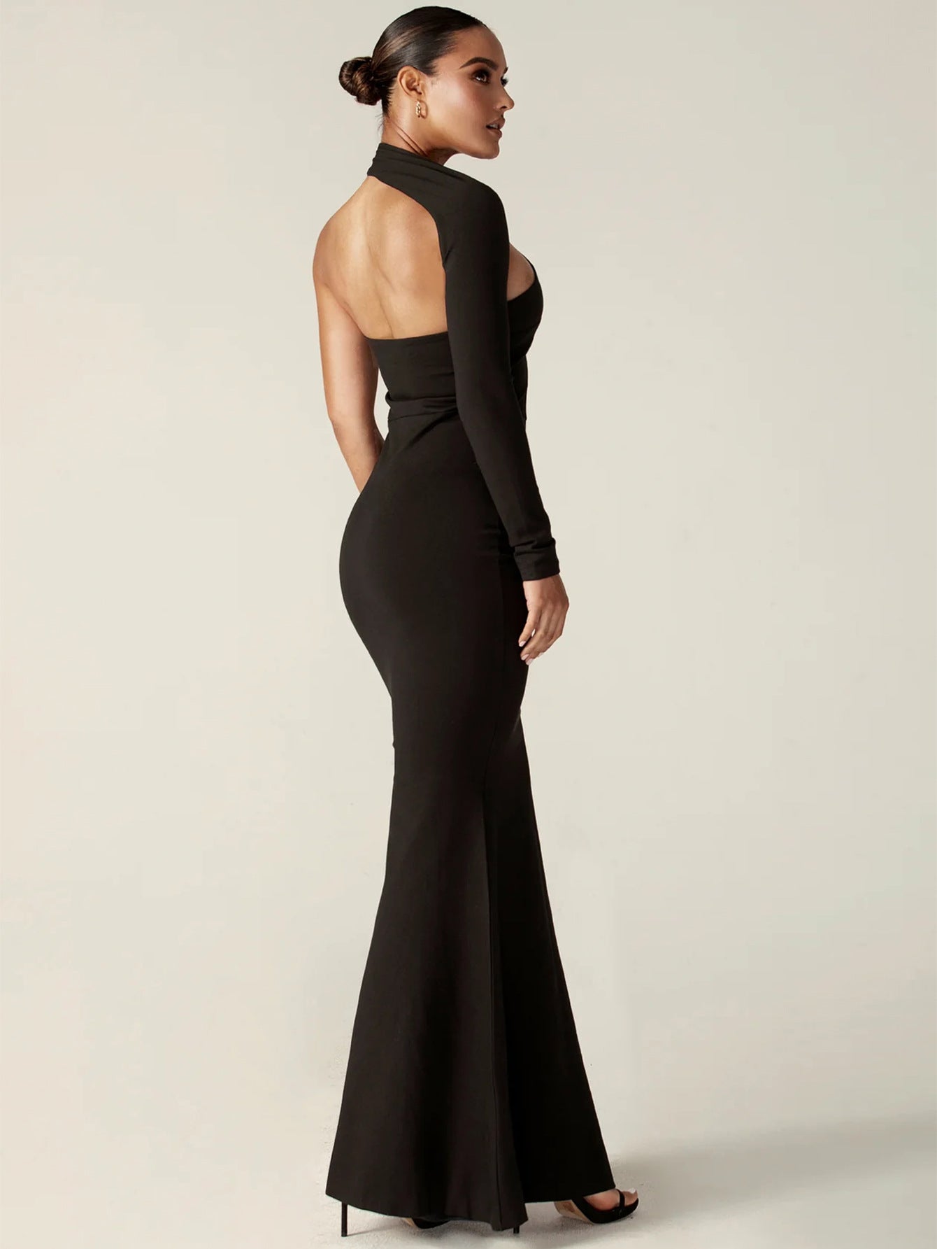 One Shoulder Evening Gown with a Long Sleeve — Formal Mermaid Maxi Dress in Crepe