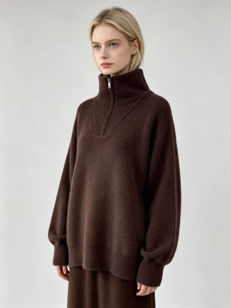 Women’s knit half-zip sweater with turn-down collar, dark brown, side view