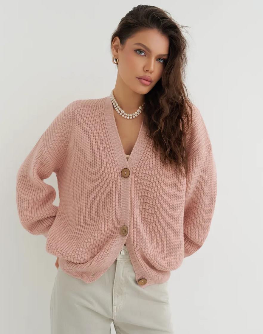 Women’s blush-pink knitted cardigan sweater, button-front V-neck, ribbed cuffs and hem