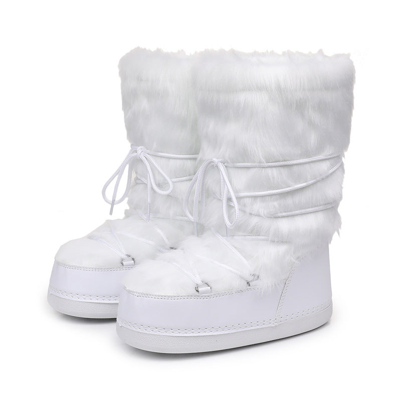 White faux-fur lace-up winter boots with thick sole and drawstring