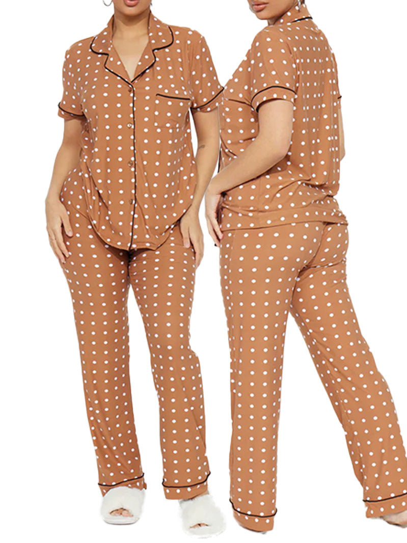 Brown printed women's front-open lapel pajama set, short sleeves and matching trousers