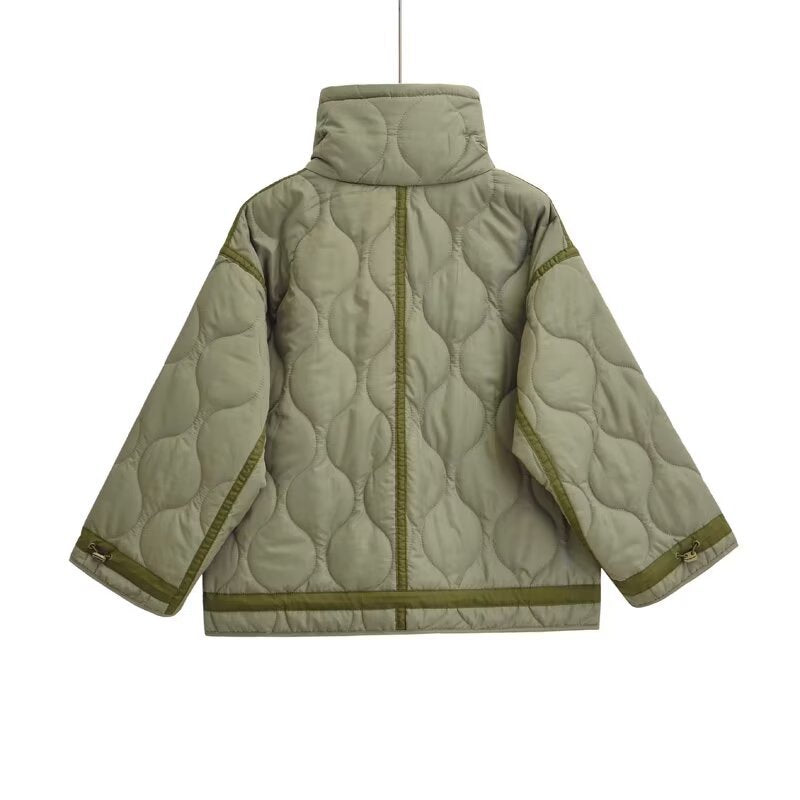 Light olive quilted stand-collar jacket with long sleeves and trim at cuffs