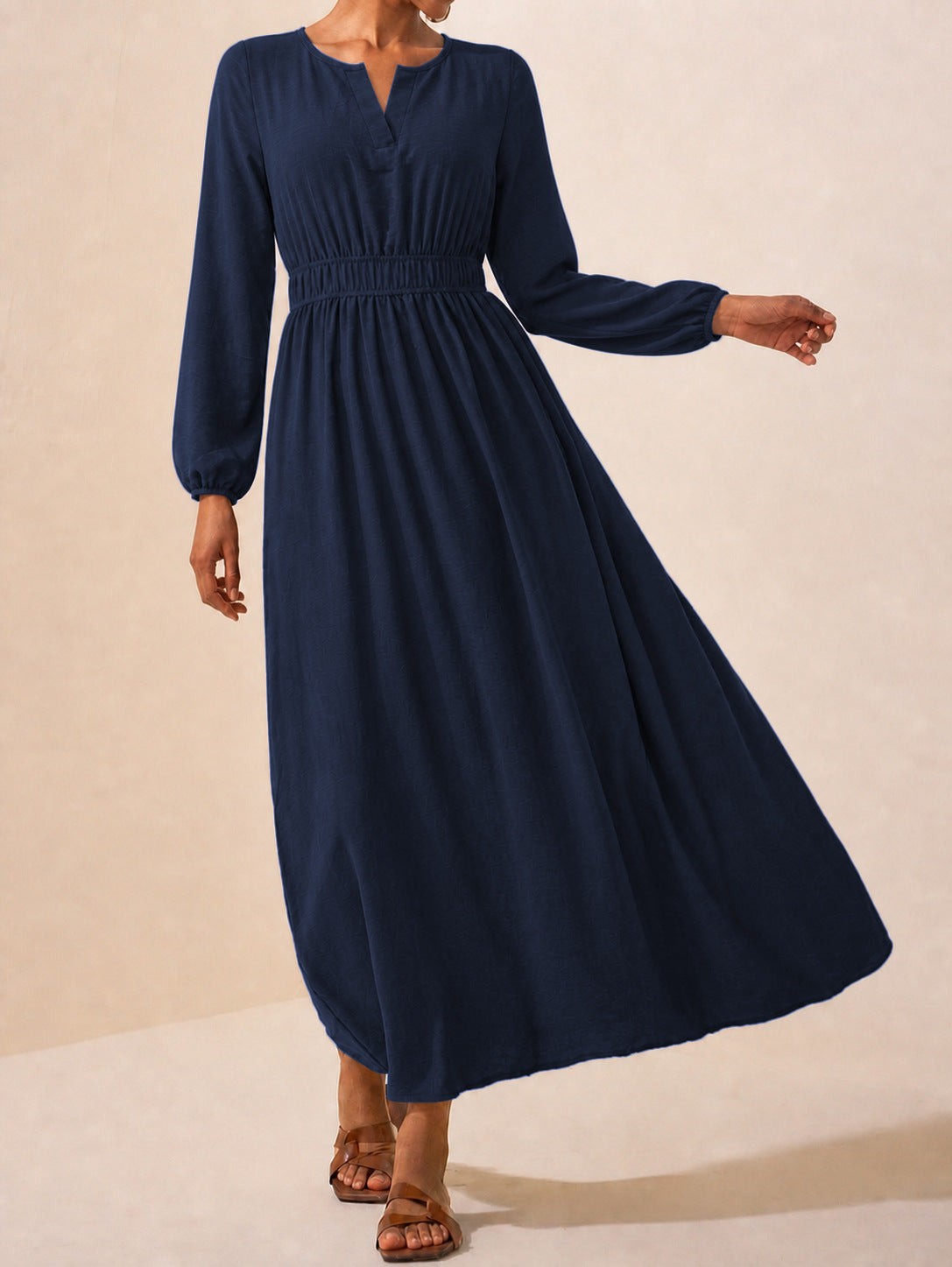 Long Sleeve Maxi Dress — Split Neck Smocked Waist with Lantern Cuffs in Viscose