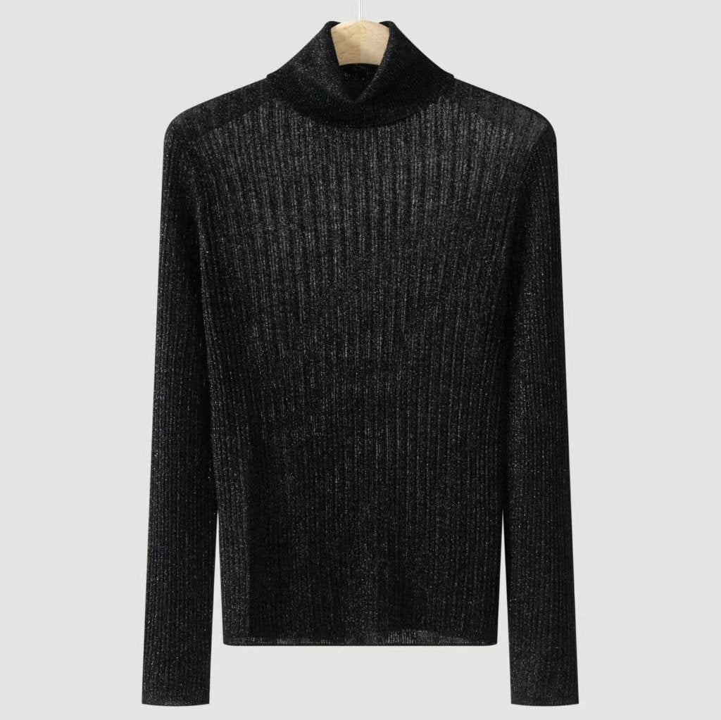 Black high-neck knit sweater with ribbed texture and long sleeves