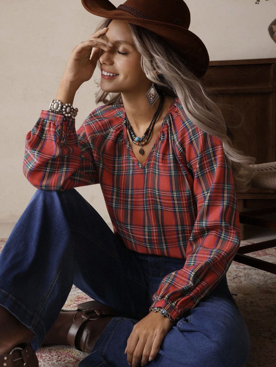 Plaid Blouse — Boho V Neck Peasant Top with Balloon Sleeves and Tie Detail in Viscose