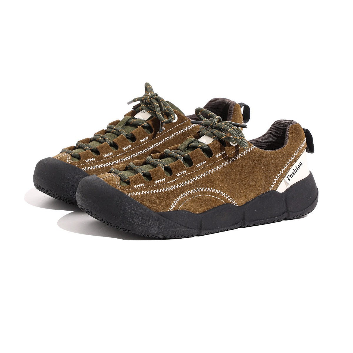 Brown platform hiking shoes with green lace-up front and black thick sole