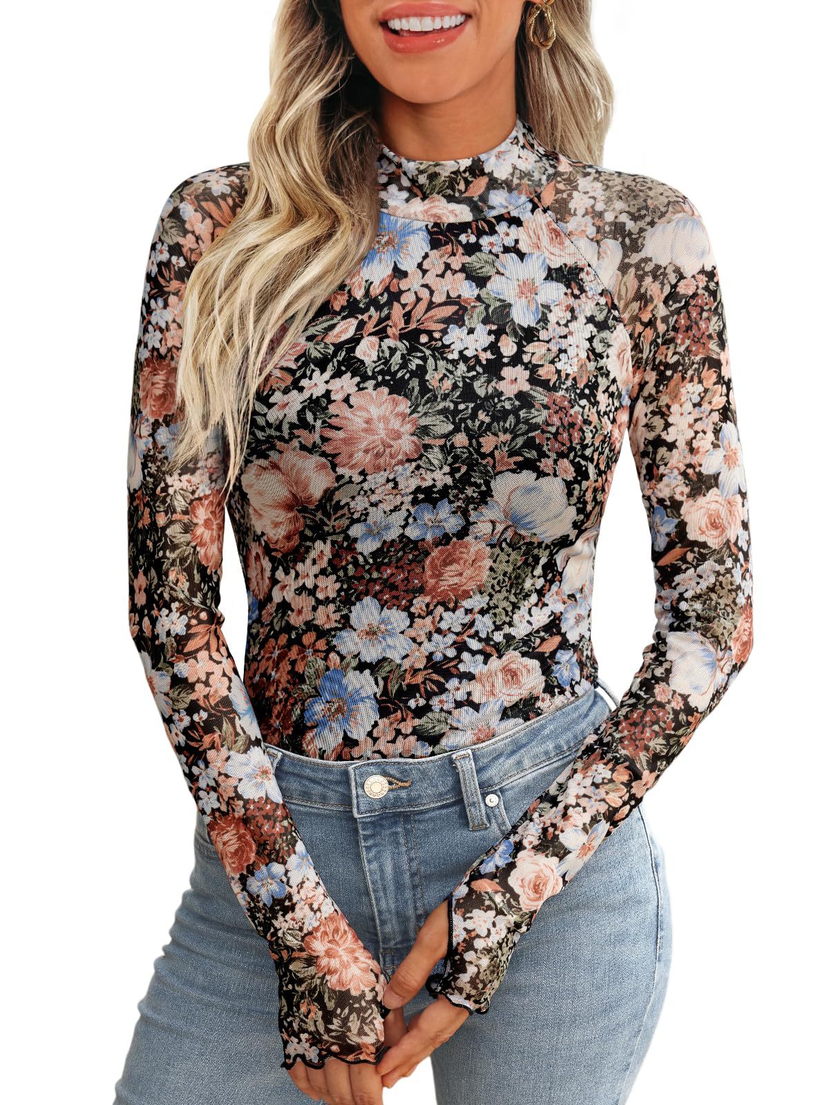 Floral mesh crewneck long-sleeve top with thumb holes, dark base