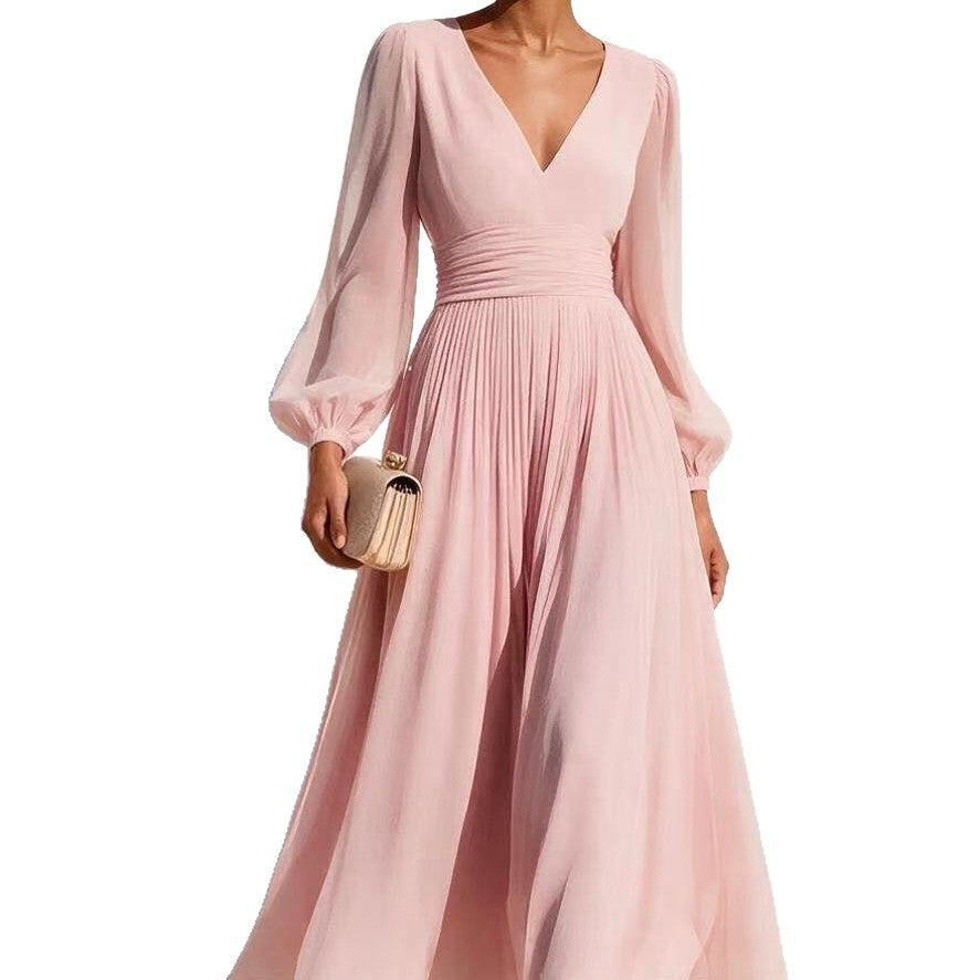 Chiffon Midi Dress for Women — Deep V Neck Pleated Skirt with Long Balloon Sleeves