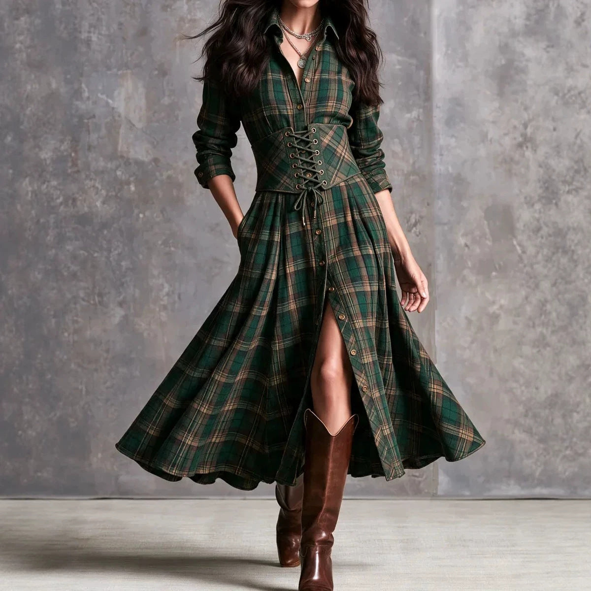 Women’s green plaid long skirt with detachable lace-up waist belt and front buttons