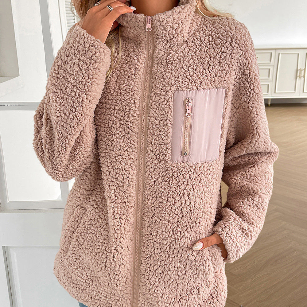 Women’s blush pink sherpa zip-up jacket coat with stand collar and pocket detail